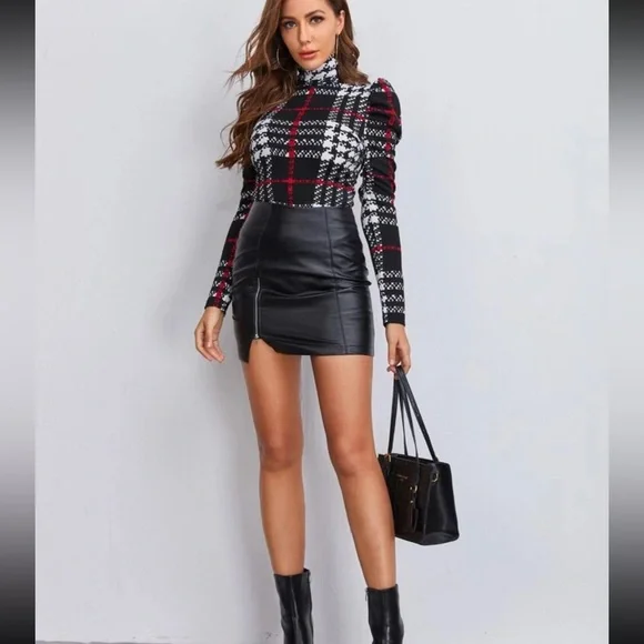 High Neck Gigot Sleeve Plaid Top - Picture 3 of 7